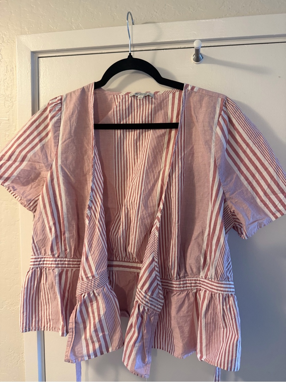 Madewell Pink and White Striped Short Sleeve Open Peplum Top